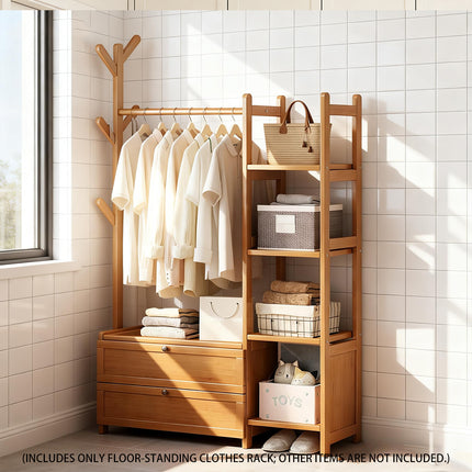 Bamboo Floor-Standing Coat Rack Indoor with Storage Drawer Space Saving Stable