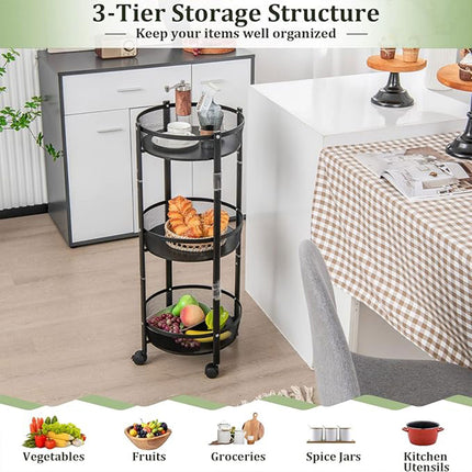 Foldable 3 Tier Rolling Cart Metal Vegetable Storage Basket Organizer Trolley