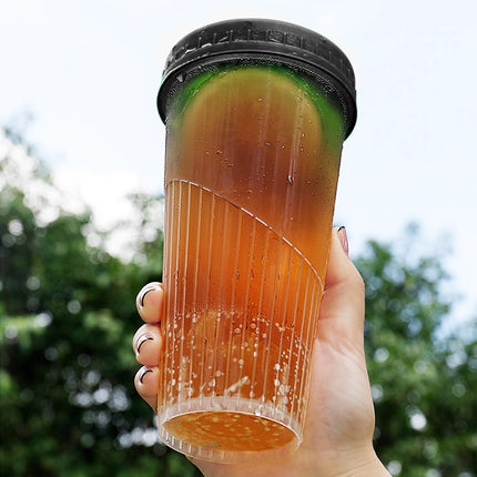 100Sets Transparent Drinking Cups with Lids 650ml 2 Colour for Party Drinks