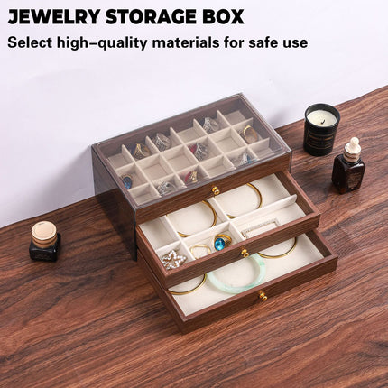 Multi Layer Wooden Jewelry Box Walnut Grain with Compartments Drawers Display