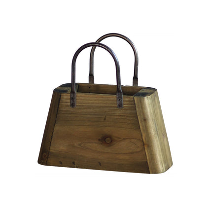 26cm Handbag Shape Flower Pot with Metal Handles in Natural Wood