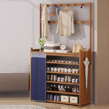 Multifunctional Bamboo Shoe Rack with Curtain for Entryway Shoes Hats Clothes