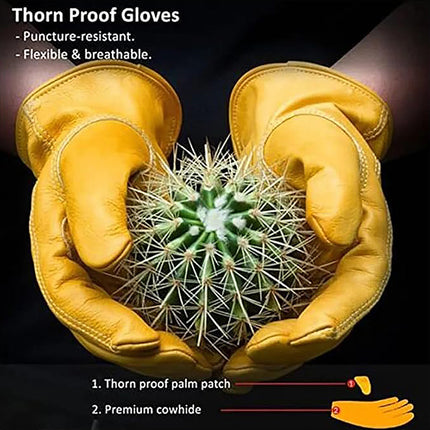 Golden Yellow Cowhide Work Gloves Full Finger Gardening DIY Home Maintenance Use