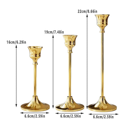 3 Pcs Vintage Candlesticks Set in Gold Metal with Different Heights