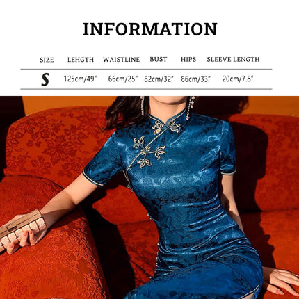 Blue Cheongsam Dress Long Retro Elegant Style Traditional Chinese Qipao Vintage