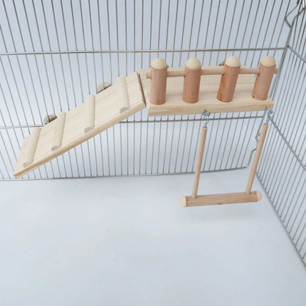 Wooden Parrot Platform Ladder Swing Toy 3 Piece Set Natural Wood Non Toxic