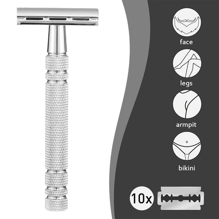 Double Edge Safety Razor Aluminium Zinc Silver 10 Blades 4.3 x 10.8cm