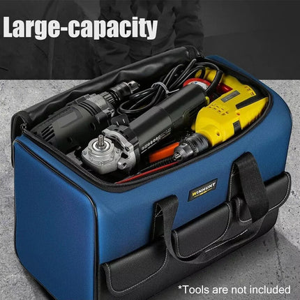 Large capacity Oxford cloth tool bag loaded with angle grinder and power tools - hand carry tool storage bag open view