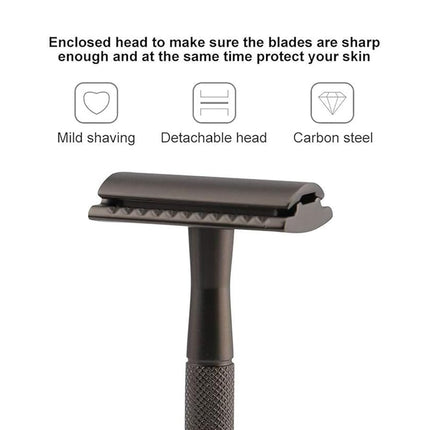 Double Edge Safety Razor Manual Shaver Diamond Grip Grey 10 Blades 4.3 x 10.8cm