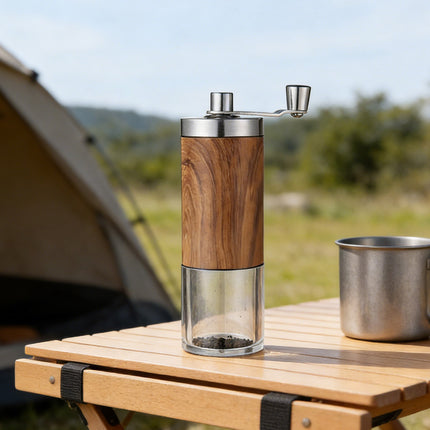 Manual Hand Crank Coffee Grinder Adjustable Burr Mill Wood Grain Portable