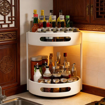 Rotating Seasoning Storage Rack 2 Tier Kitchen Condiment Spice Organiser Round