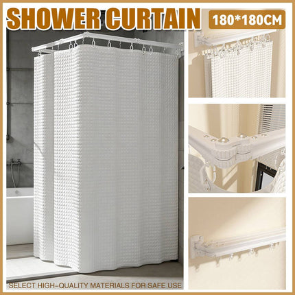 Shower Curtain Set Foldable Rod No Drill Wet Dry Separation White Curtain Set