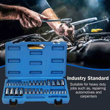 34 Piece Bit Socket Set Hex Torx Spline Chrome Vanadium Steel Mechanic Tool Case