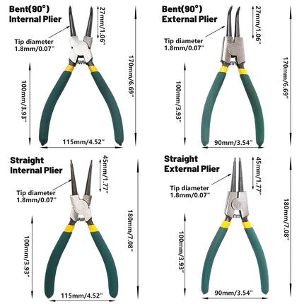 4 Piece Circlip Pliers Set 7 Inch Internal and External Straight and Bent Nose Tools