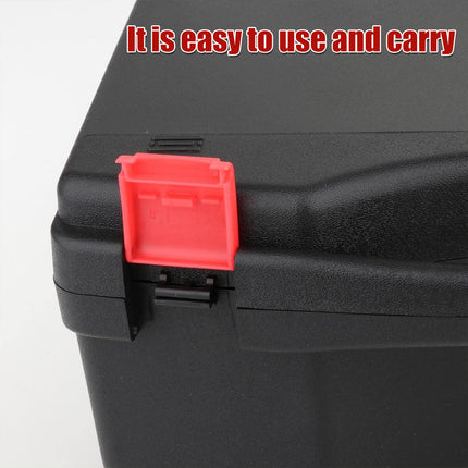 Close-up red latch of plastic tool box - easy to use and carry secure closure mechanism