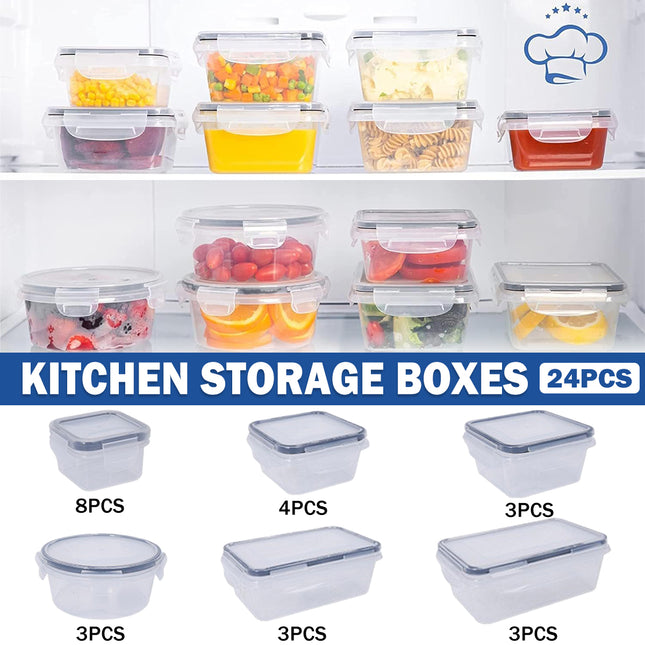 24PCS Kitchen Fridge Food Storage Containers Food Safe 60-1000ml Clear Stackable