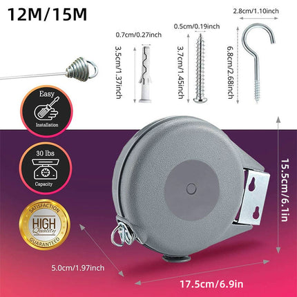 Retractable Clothesline Drying Rope Wall Mounted 12M 15M Rack for Indoor Outdoor