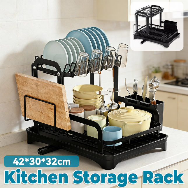 Kitchen Dish Drying Rack 2 Tier Carbon Steel Black 42x30x32cm Telescopic Drain
