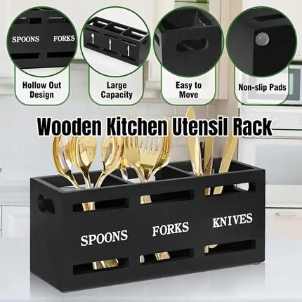 Wooden Knife Fork Storage Box Chopsticks Spoon Organizer Rectangular Kitchen