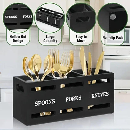 Wooden Knife Fork Storage Box Chopsticks Spoon Organizer Rectangular Kitchen