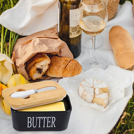 Ceramic Butter Box Basic Model Wooden Lid With Knife Refrigerator Cheese Box