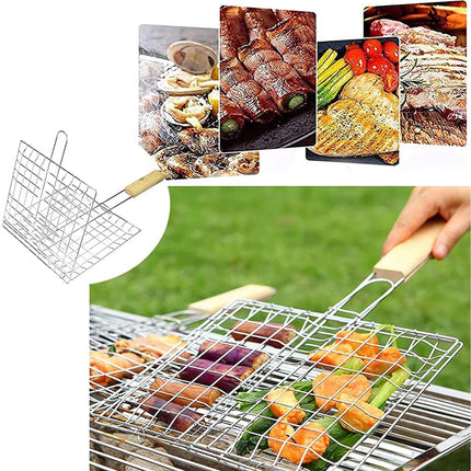 2PCS Iron Barbecue Net Clamp with Wooden Handle Durable for Outdoor Cooking Use