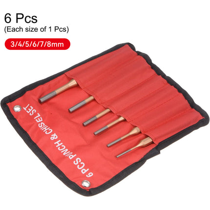 6PCS Pin Punch Set 3-8mm Cr-Mn Steel Red Pouch for Automotive Garage Workshop