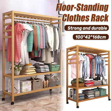 Bamboo Floor-Standing Clothes Rack with Wheels Large Capacity Bedroom Entryway
