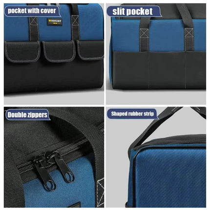 Oxford cloth tool bag feature detail - pocket with cover, slit pocket, double zippers, and shaped rubber strip base
