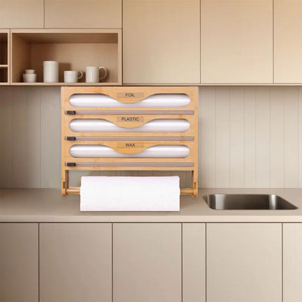 Wall Mounted Plastic Wrap Cutter Bamboo Multi Cell Kitchen Storage Box Organizer