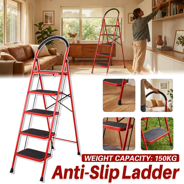 5 Step Folding Ladder Anti-Slip 150kg Load Capacity Durable Platform Step Ladder