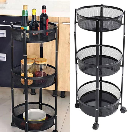 Foldable 3 Tier Rolling Cart Metal Vegetable Storage Basket Organizer Trolley