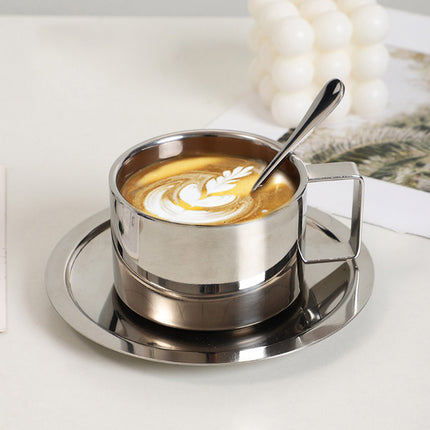 200ml Stainless Steel Espresso Coffee Cup Saucer and Spoon Set Milan Style