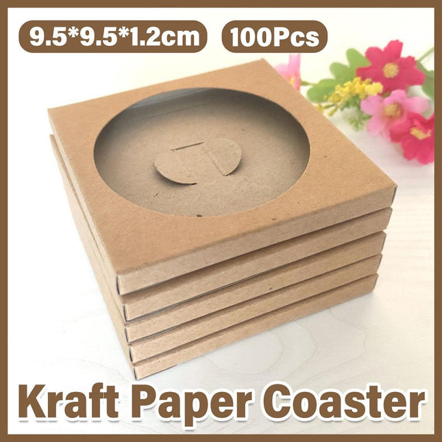 100pcs Kraft Paper Coaster with Window Disposable Drink Cup Mat for Home Cafe