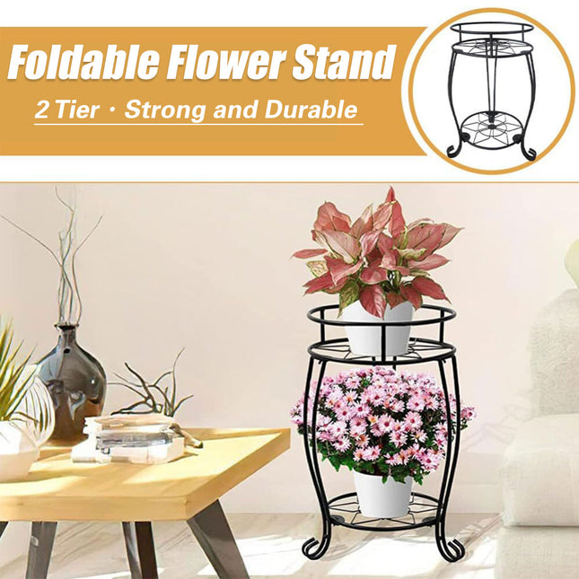 Foldable Plant Stand 2 Tier Metal Flower Shelf for Indoor Outdoor Garden Use