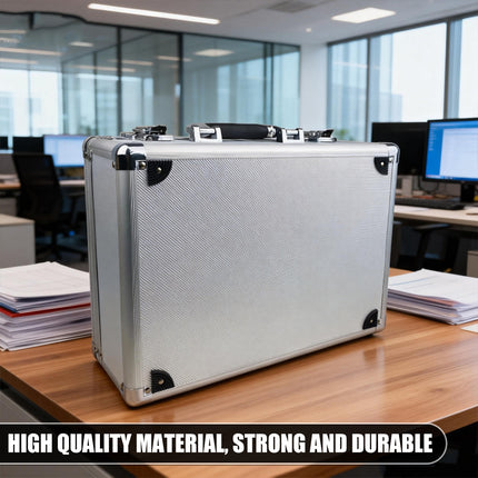 Silver aluminium tool equipment storage case detail view - portable carry case with latch and handle