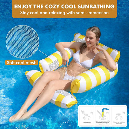 Inflatable Pool Float Lounge Chair Foldable Floating Raft Striped Air Bed