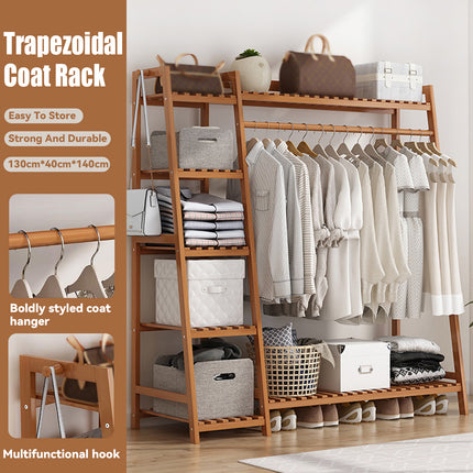 Bamboo Clothes Rack Storage Shelf Hanging Rail Stand With Shelves Hooks