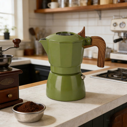 Double Valve Moka Pot Italian Espresso Coffee Maker Aluminium Green Wood Handle