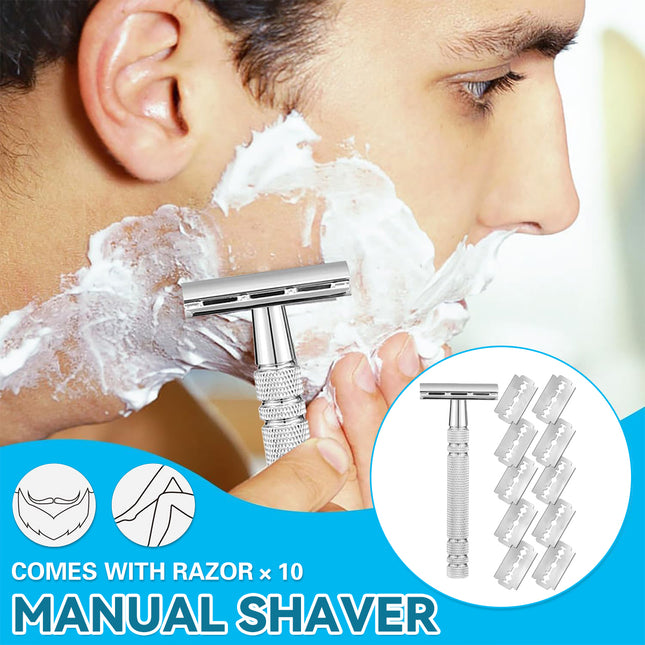 Double Edge Safety Razor Aluminium Zinc Silver 10 Blades 4.3 x 10.8cm