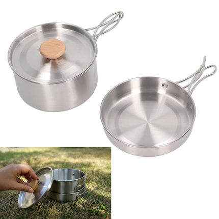 2PCS 304 Stainless Steel Camping Pot and Pan Set With Folding Handles Outdoor