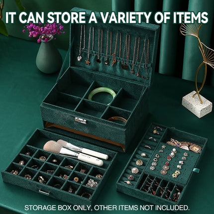 3 Tier Lockable Jewelry Storage Box with Drawers Soft Lining Large Capacity