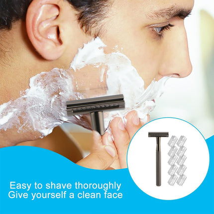 Double Edge Safety Razor Manual Shaver Diamond Grip Grey 10 Blades 4.3 x 10.8cm