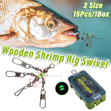 15pcs Wooden Shrimp Fishing Hooks Three Pronged Swivel Tackle Accessories Set