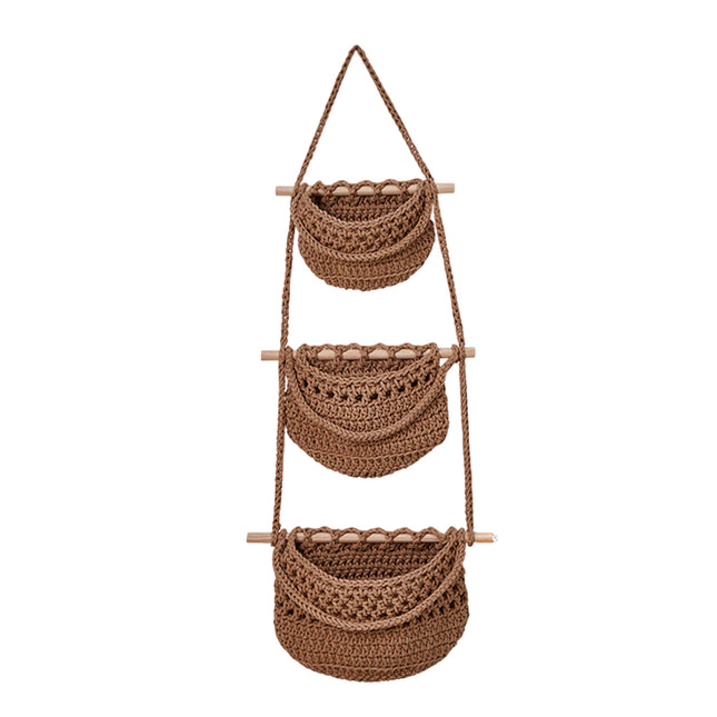 3-Tier Wall-Mounted Storage Basket Cotton Rope Brown Bohemian Woven