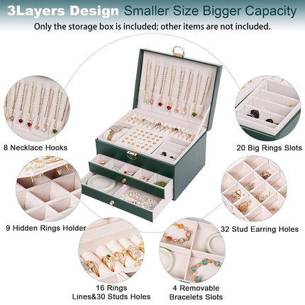 Jewelry Organizer Box 3 Layer leather Storage Case for Rings Earrings Necklaces