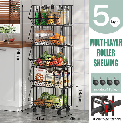 5-Layer Kitchen Storage Rack Rolling Cart Durable for Fruits Vegetables Pantry