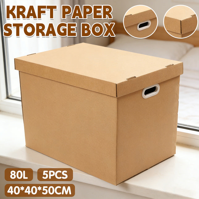 5PCS Kraft Paper Storage Box with Lid 80L Portable for Clothes Books Home Office