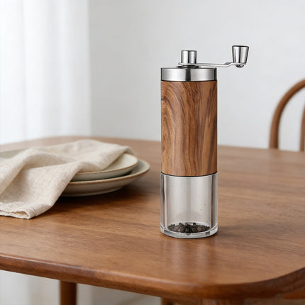 Manual Hand Crank Coffee Grinder Adjustable Burr Mill Wood Grain Portable