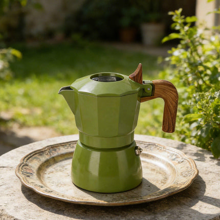 Double Valve Moka Pot Italian Espresso Coffee Maker Aluminium Green Wood Handle